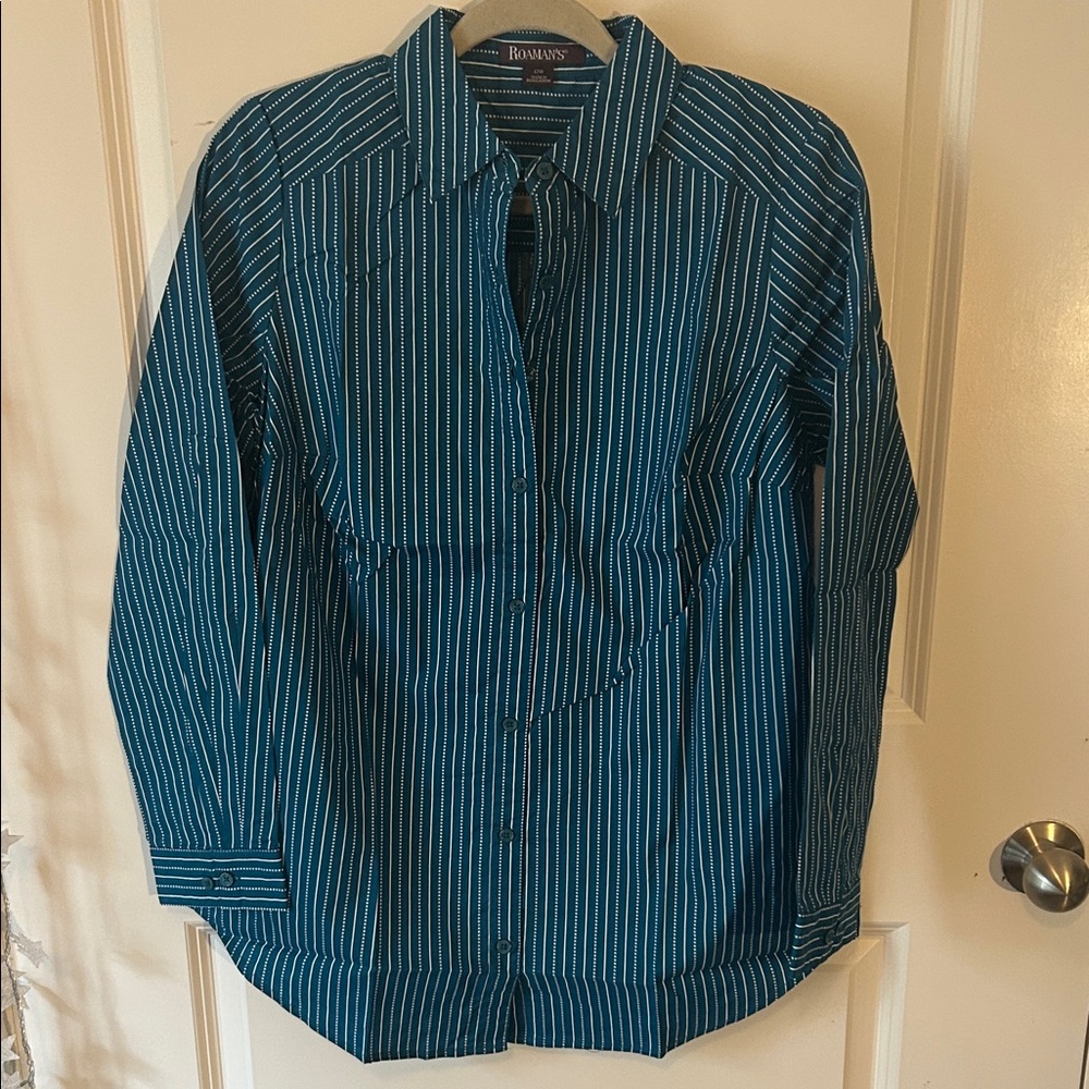 Roamans Teal Striped Button Down Shirt